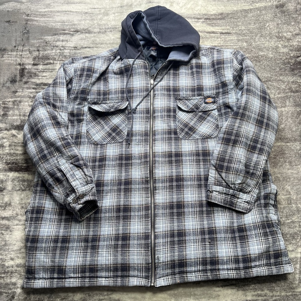 Dickies Quilted Hooded Flannel Jacket Men's 4XL Blue Gray Plaid Zip Up Workwear